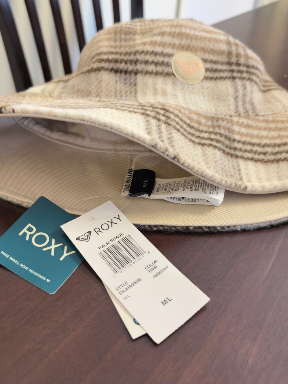 Roxy Cream and Brown Plaid Bucket Hat